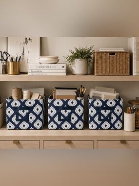3-pcs Ikat Storage Bins Tailored Fabric Organizer Faux Leather Handles #0601264